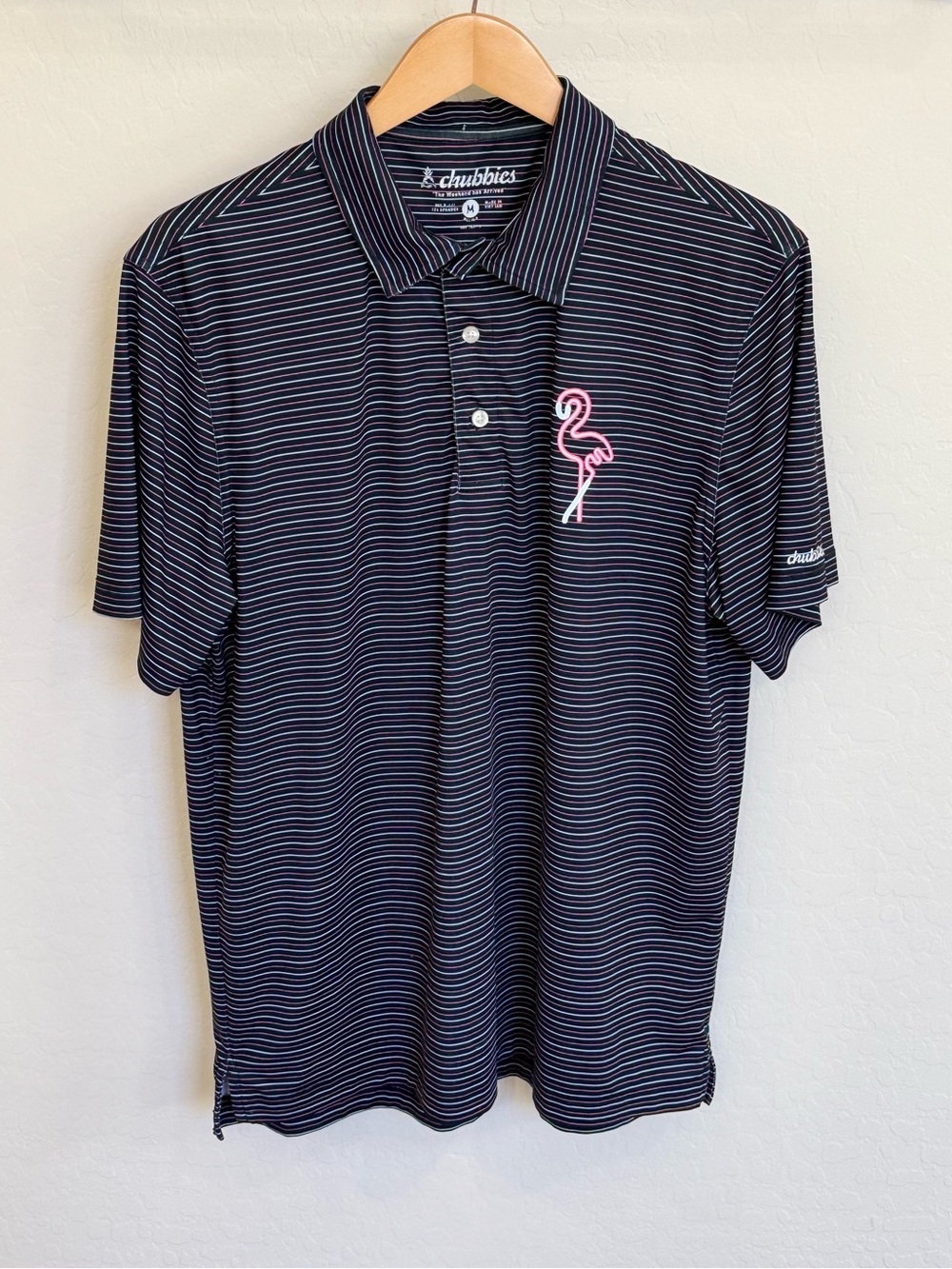 Chubbies Men's Performance Polo "The Fired Up" Navy Pink Flamingo Golf Shirt